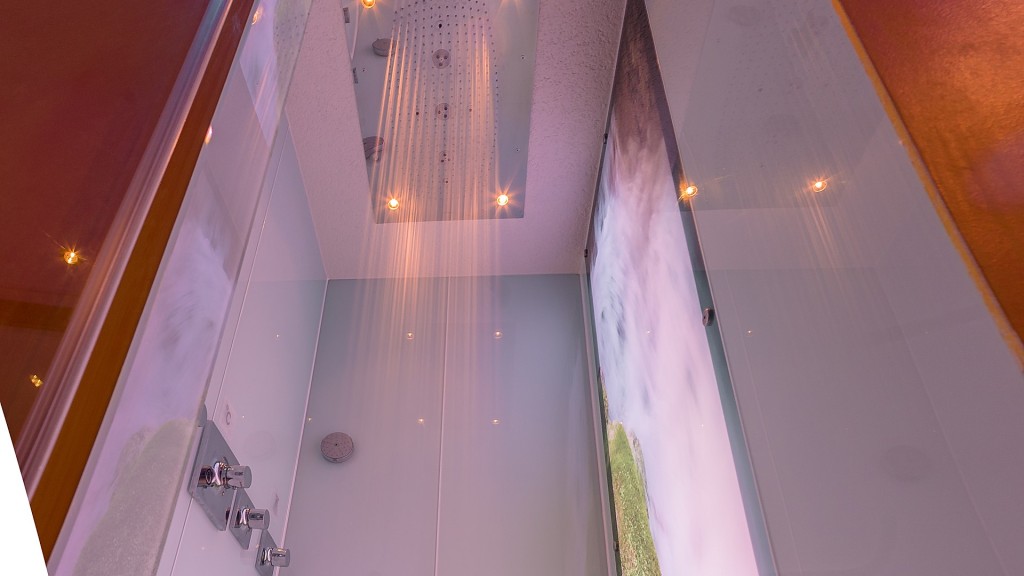 Interior view of a modern sauna with a rainfall showerhead and ambient lighting.