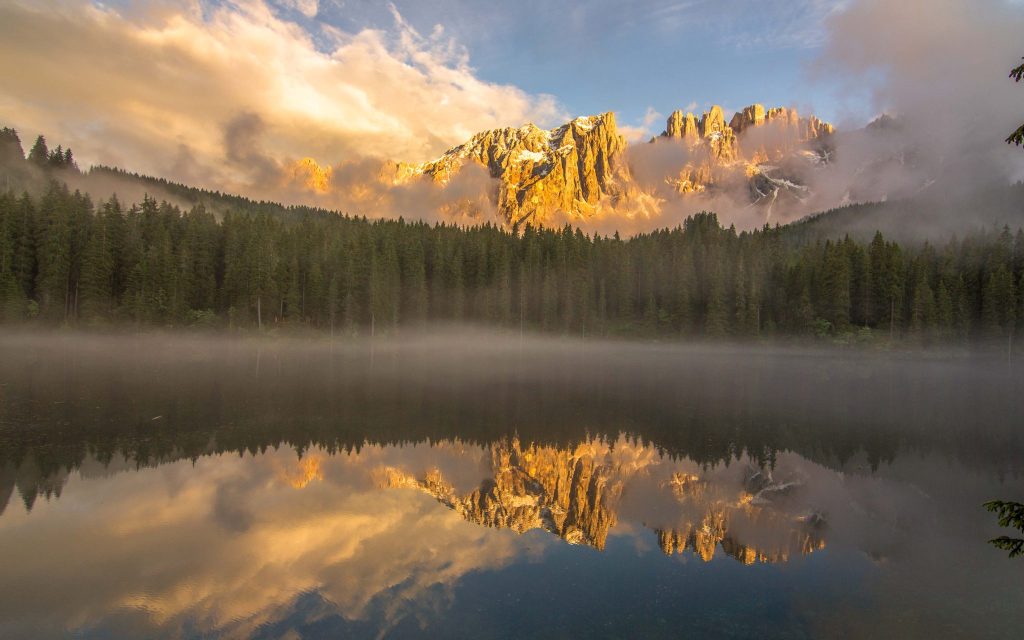 lake Carezza or also known lago di Carezza or Karer See